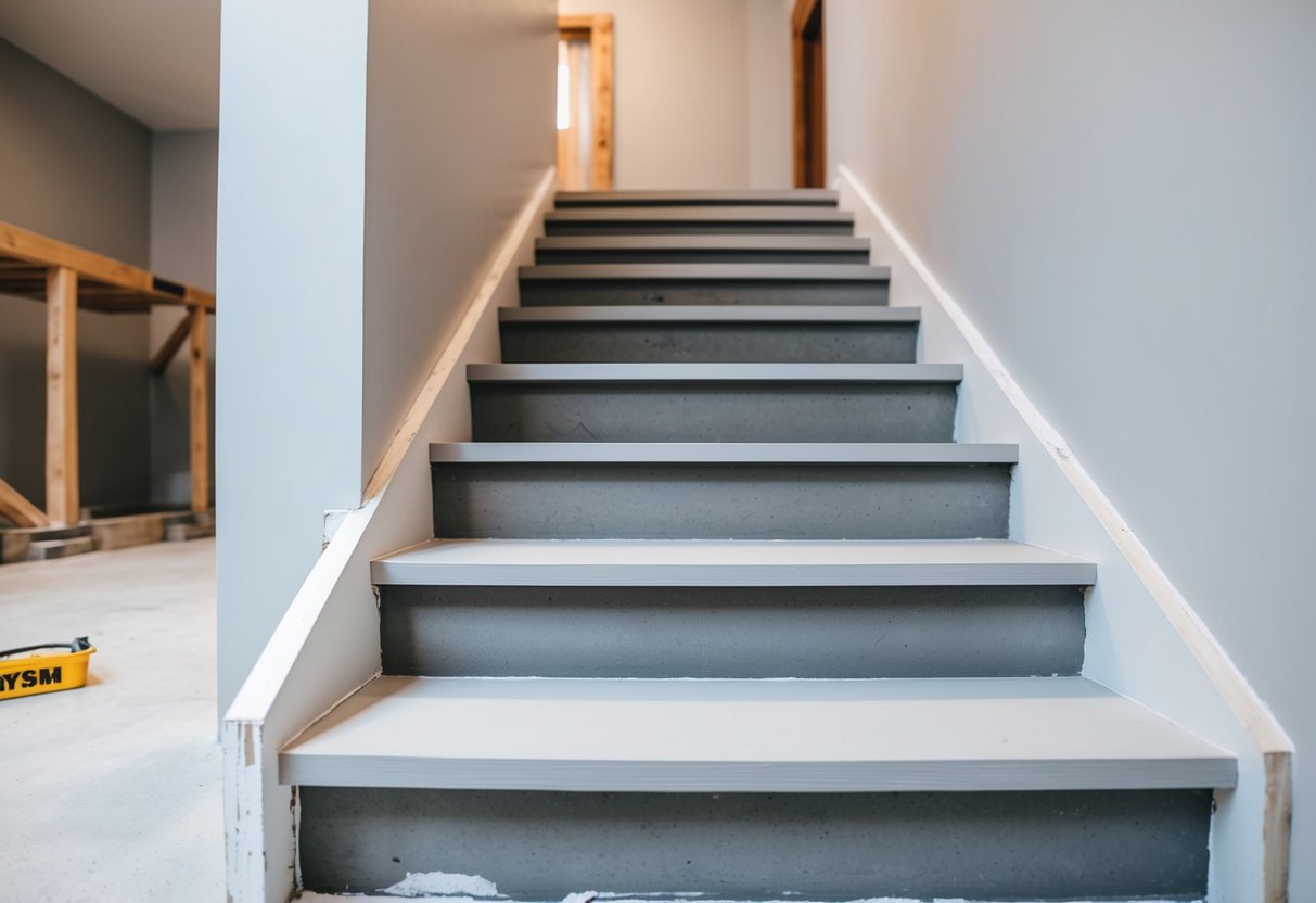 A concrete staircase being renovated with new steps and a fresh coat of paint