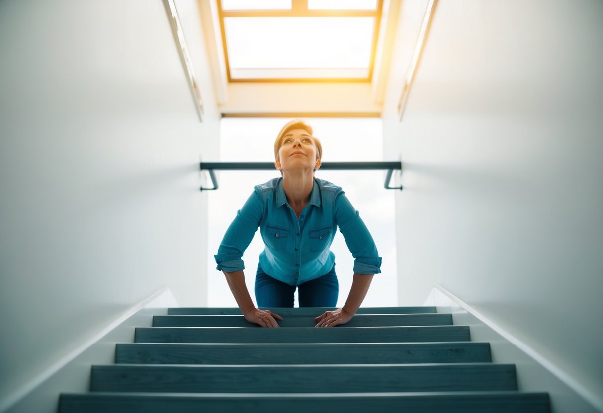 A person stands at the bottom of a staircase, looking up with a perplexed expression. The stairs are too short, creating a dilemma for the renovator