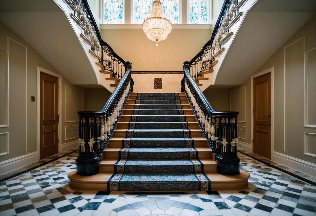 A majestic staircase with a short final touch of tiling