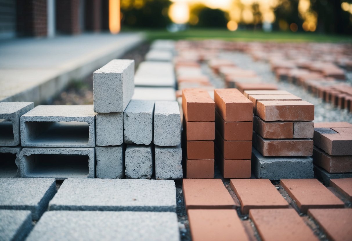 A comparison of building materials: cinder blocks, bricks, and brick pavers laid out side by side, showcasing their differences in size, texture, and color