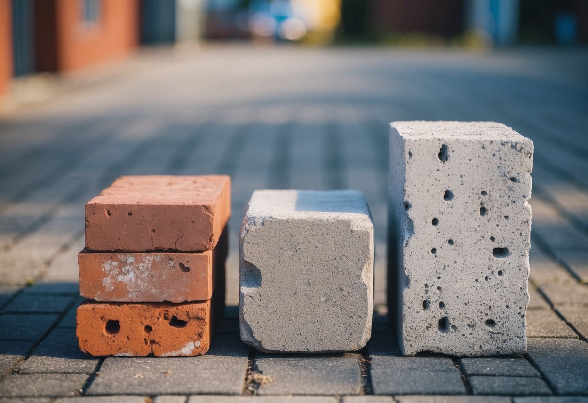 A brick, a paving stone, and a cinder block sit side by side, each showing signs of wear from exposure to the elements