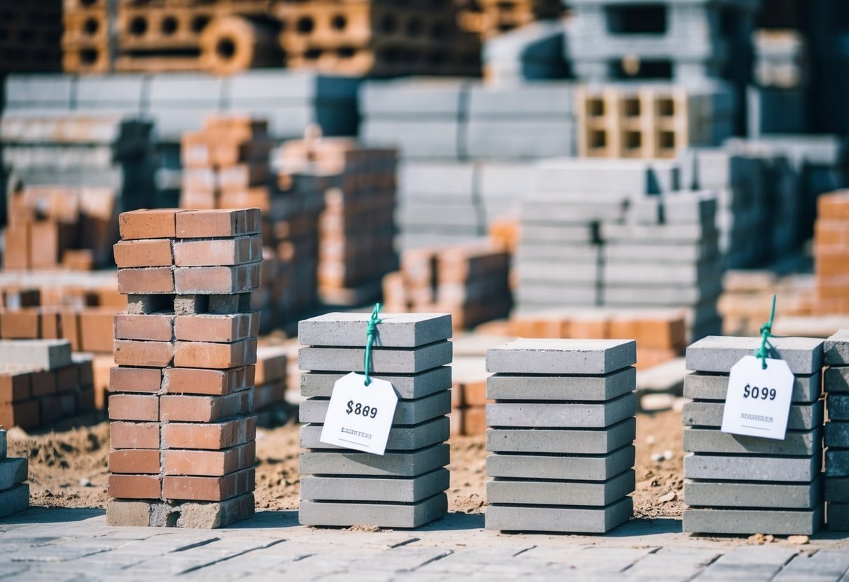 A construction site with stacks of bricks, pavers, and concrete blocks. Different sizes and textures are visible, with price tags displayed nearby