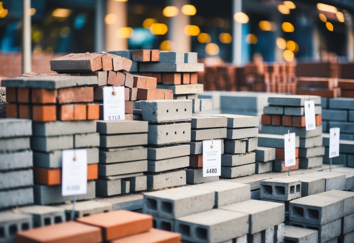 A pile of bricks, pavers, and concrete blocks arranged neatly with price tags displayed nearby