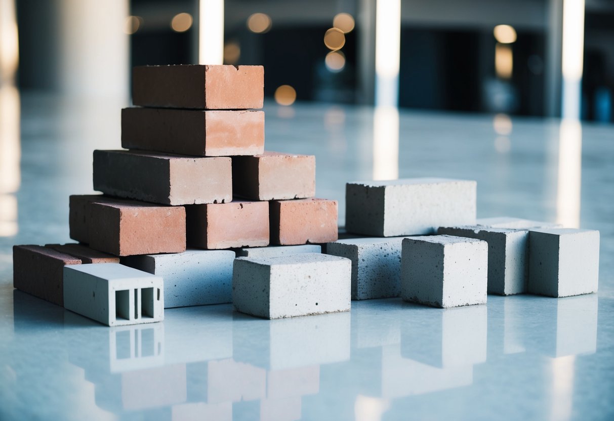 A pile of bricks, pavers, and concrete blocks are arranged on a clean, well-lit surface. Each type of building material is clearly distinguishable, with their respective textures and shapes