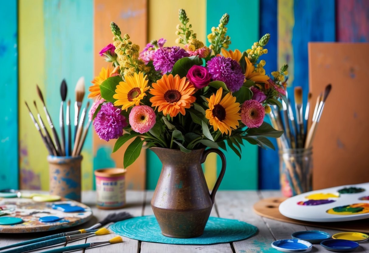 A vibrant bouquet of flowers in a rustic vase, set against a colorful backdrop, with paintbrushes and palettes scattered around