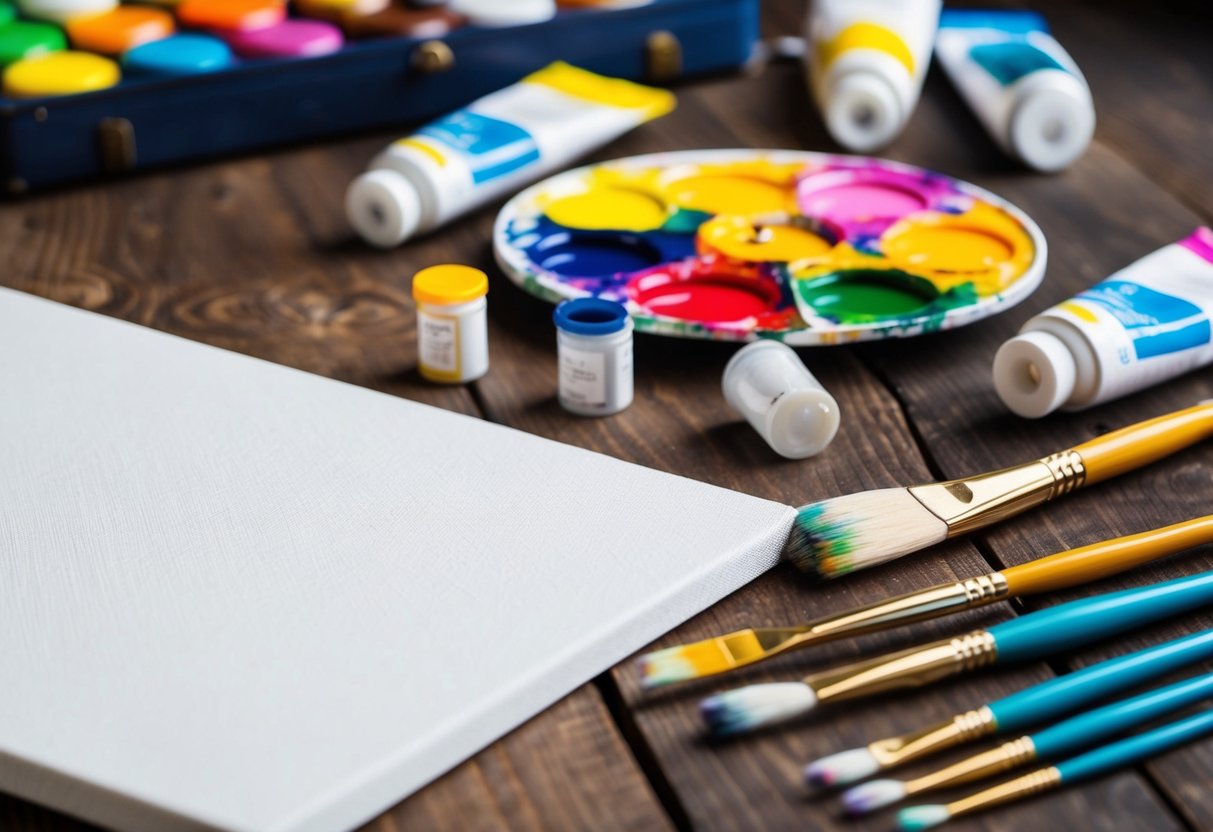 A colorful palette of paintbrushes and tubes of paint scattered on a wooden table, with a blank canvas waiting to be filled with vibrant strokes of creativity