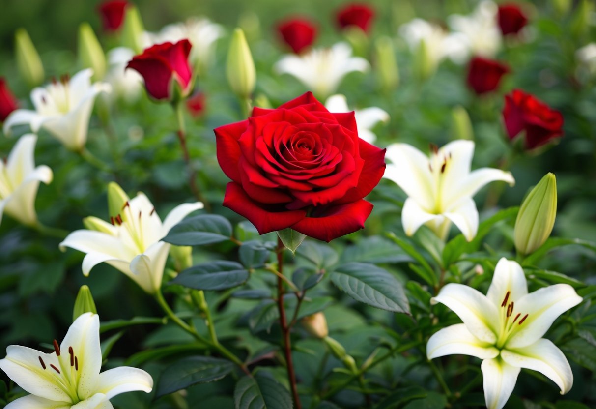 A vibrant red rose blooms in a field of delicate white lilies, surrounded by lush green foliage