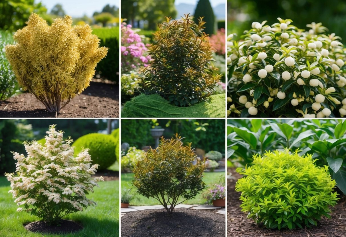 A sunny garden with a variety of abelia plants in different locations. Each plant is thriving in its chosen spot, adding color and fragrance to the landscape