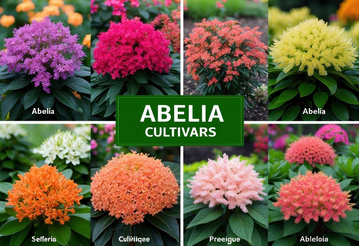 A variety of Abelia cultivars arranged in a garden setting with vibrant and colorful blooms, showcasing the different options available for selection