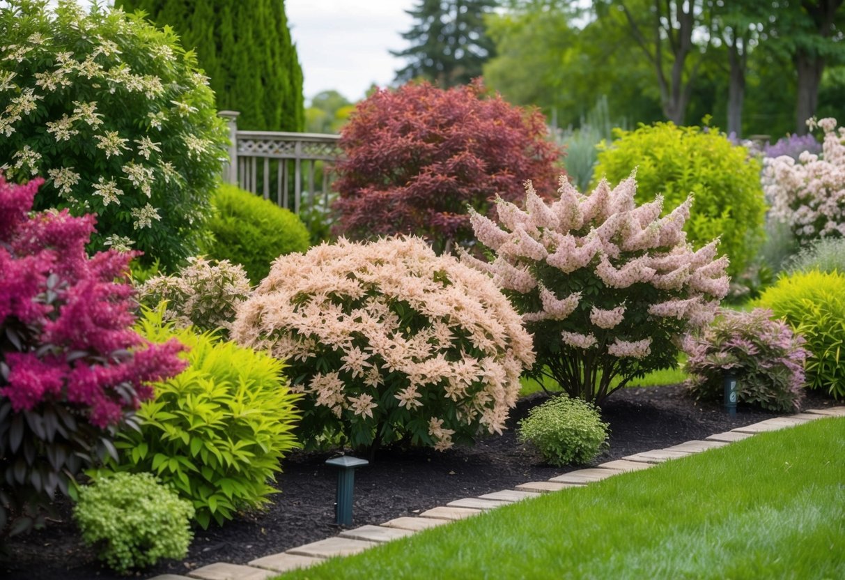 A garden with various abelia plants in bloom, showcasing their different colors, sizes, and shapes. The plants are arranged in a visually pleasing and functional manner, with some providing privacy or acting as a border