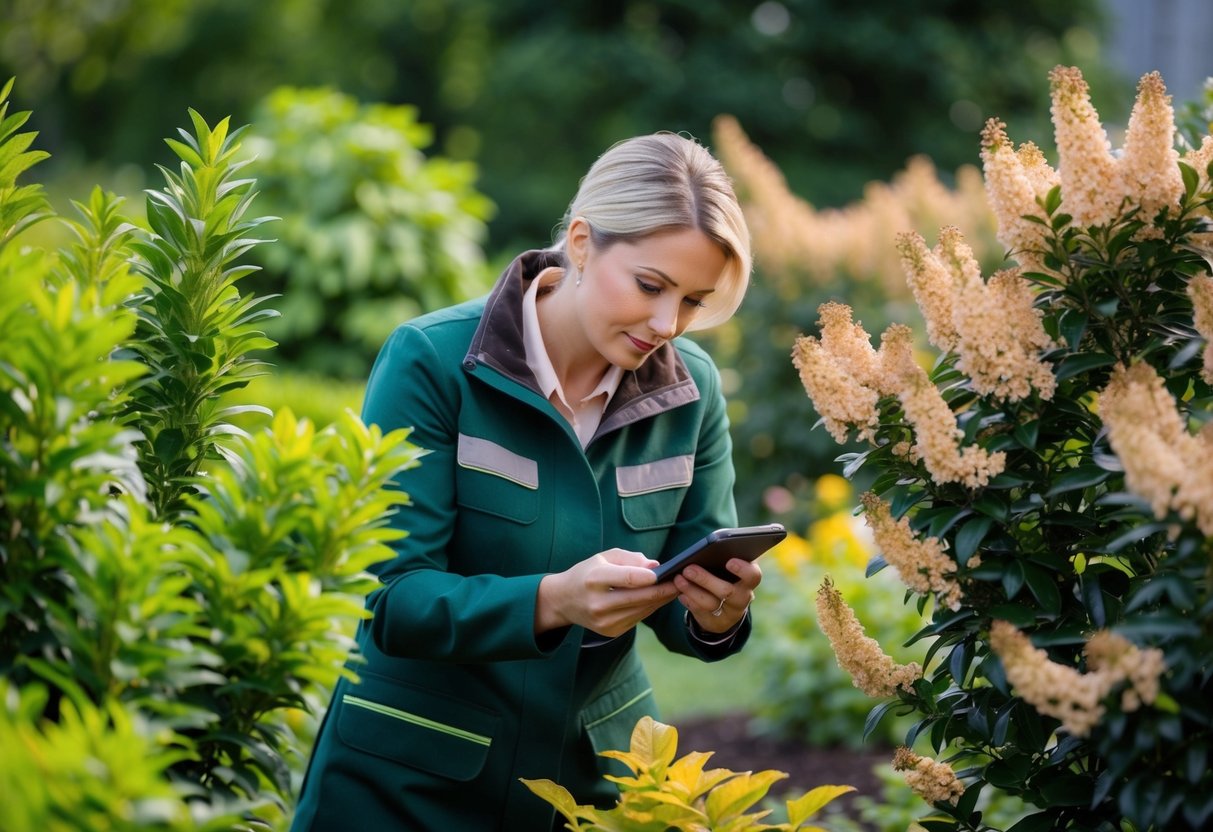 A garden detective examining plants for problems and parasites, choosing between different types of abelia bushes