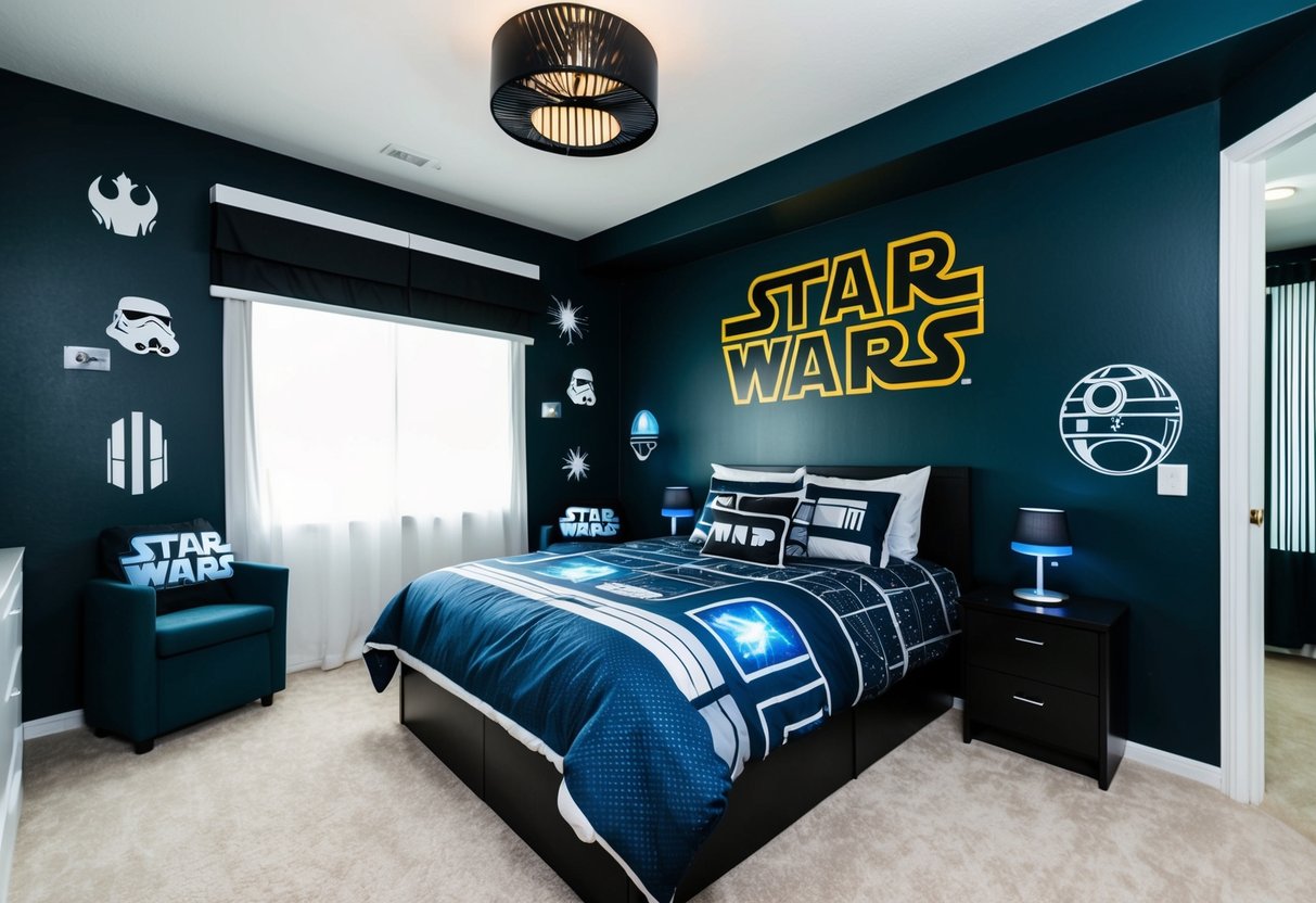 A Star Wars-themed bedroom with wall decals, bedding, and furniture inspired by the iconic sci-fi franchise. Dark colors and futuristic elements create an otherworldly atmosphere