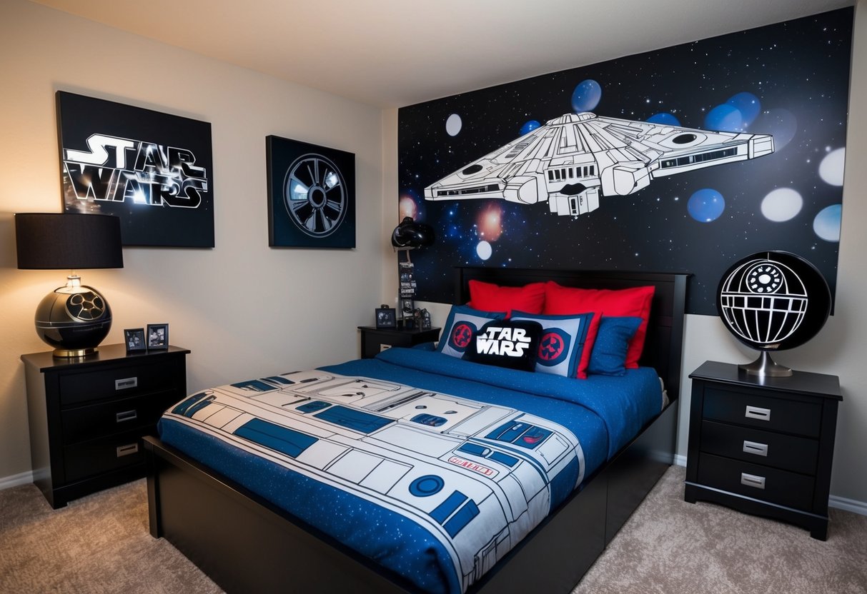 A bedroom filled with Star Wars-themed furniture and decor, including large objects like a Millennium Falcon bed and Death Star lamp