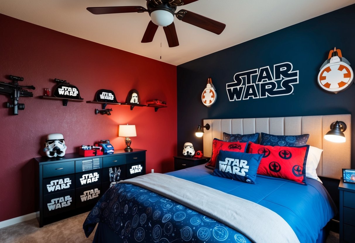 A bedroom with Star Wars themed decorations and accessories on the walls