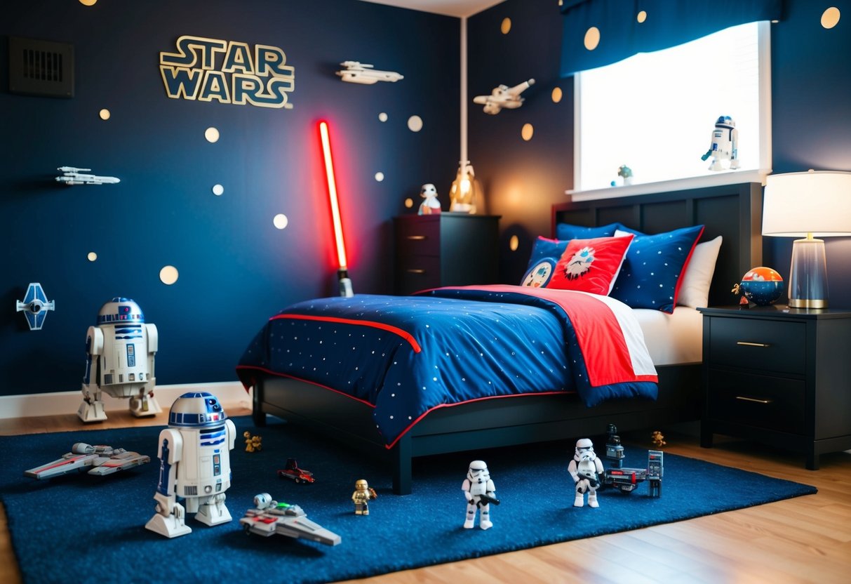 A bedroom decorated in a Star Wars theme with small details like lightsabers, starships, and droids scattered around the room