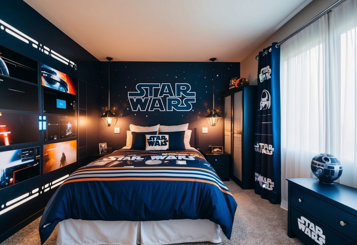 A bedroom decorated in a Star Wars theme, with digital elements influencing the overall design