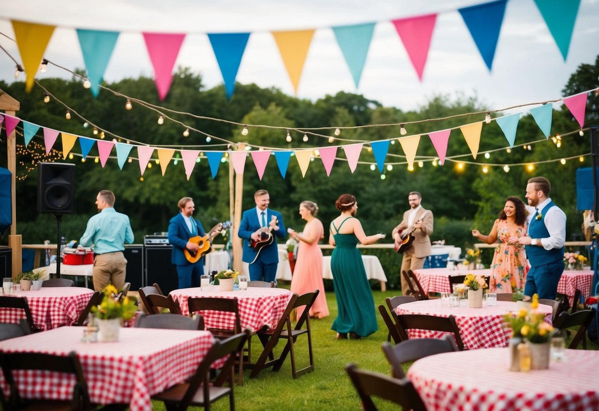 A lively outdoor scene with colorful bunting, string lights, checkered tablecloths, and vintage-inspired decor. A band plays music while people dance and enjoy food and drinks