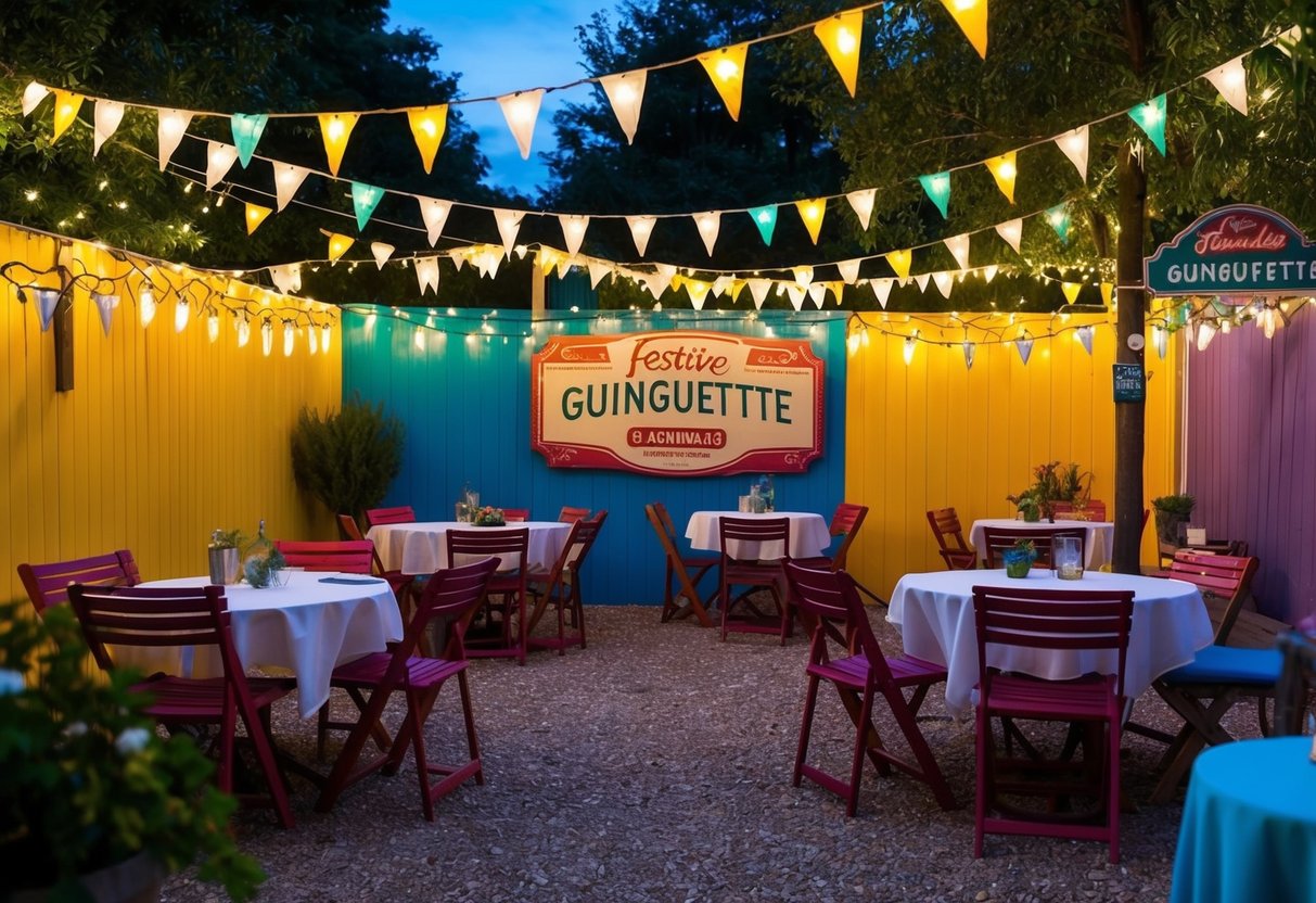 A colorful outdoor scene with string lights, bunting, and vintage signage creating a festive guinguette theme. Tables and chairs are set up for dining and socializing