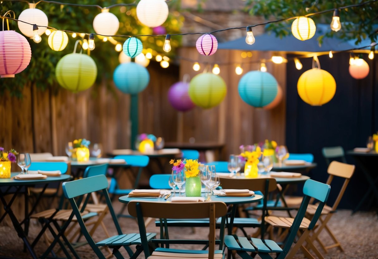 A charming outdoor scene with bistro tables, string lights, vintage lanterns, and colorful paper decorations, creating a festive and inviting atmosphere for a guinguette-themed event