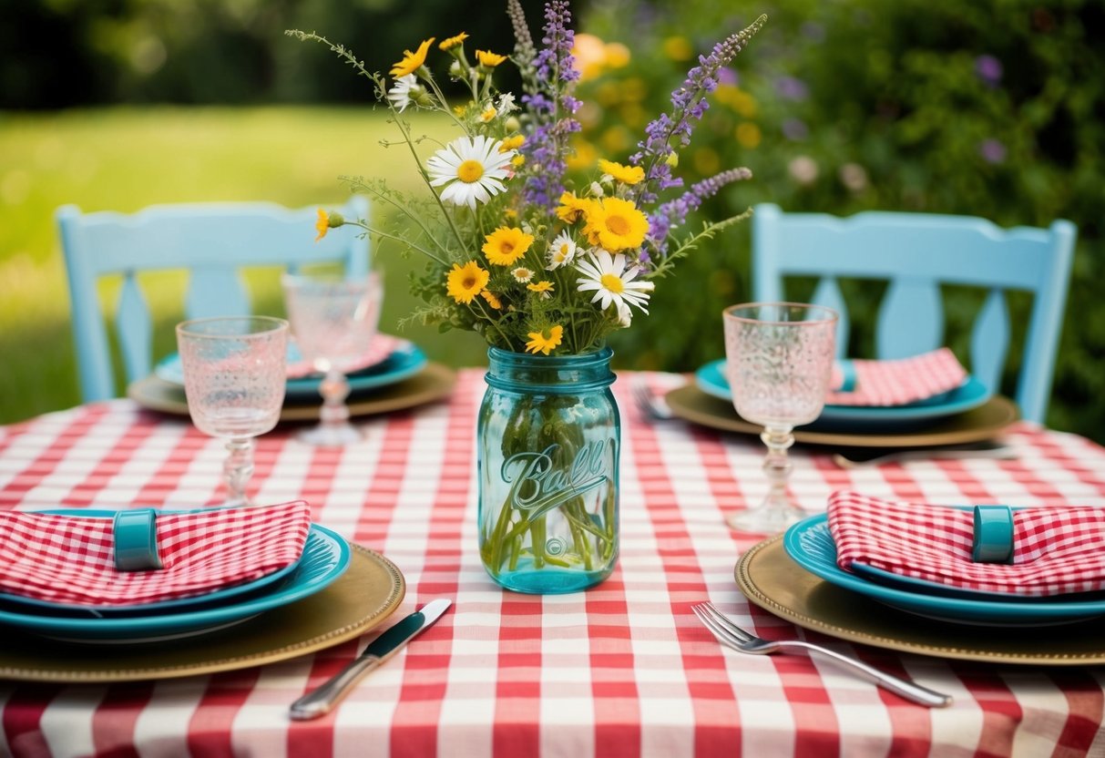 A charming guinguette-themed table setting with checkered tablecloth, vintage glassware, and a bouquet of wildflowers in a mason jar vase