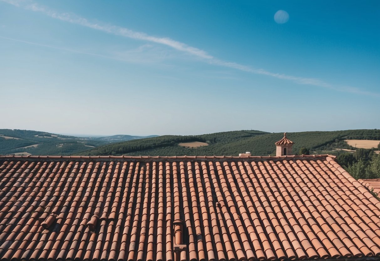 A traditional Provençal roof with terracotta tiles, set against a backdrop of rolling hills and a clear blue sky