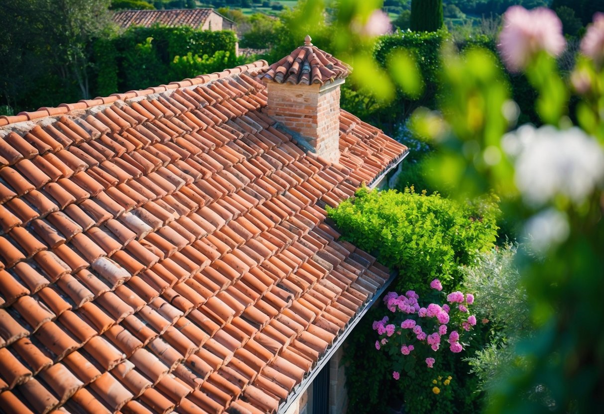 A traditional Provençal roof with terracotta tiles and gentle slopes, surrounded by vibrant greenery and blooming flowers