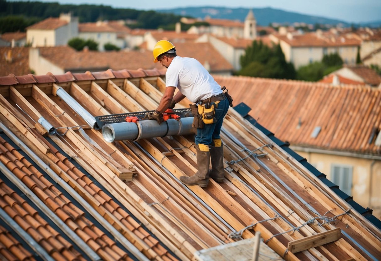 A traditional Provençal roof being constructed using local materials and techniques