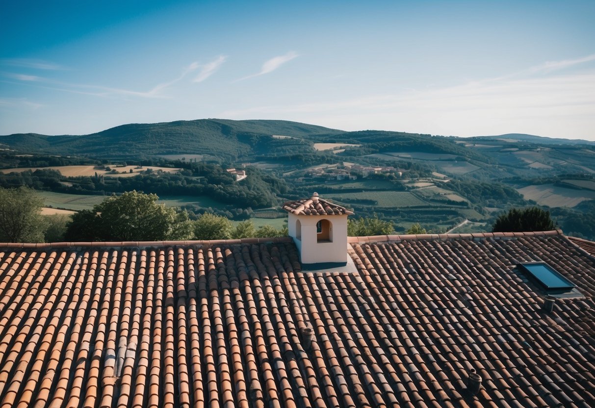 A traditional Provençal roof with terracotta tiles, set against a backdrop of rolling hills and a clear blue sky