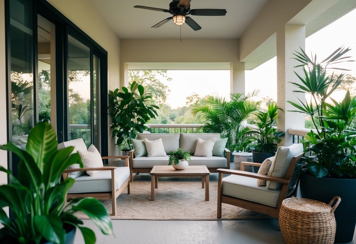 A cozy indoor patio with lush green plants, comfortable seating, and soft lighting, designed for relaxation and enjoyment