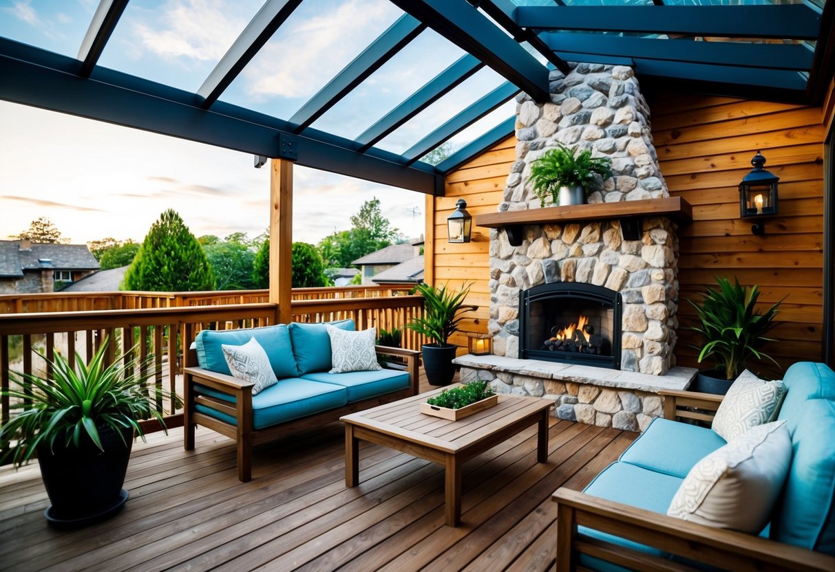 A cozy interior patio with wooden decking, a stone fireplace, and a glass roof. Comfortable seating and potted plants create a relaxed atmosphere