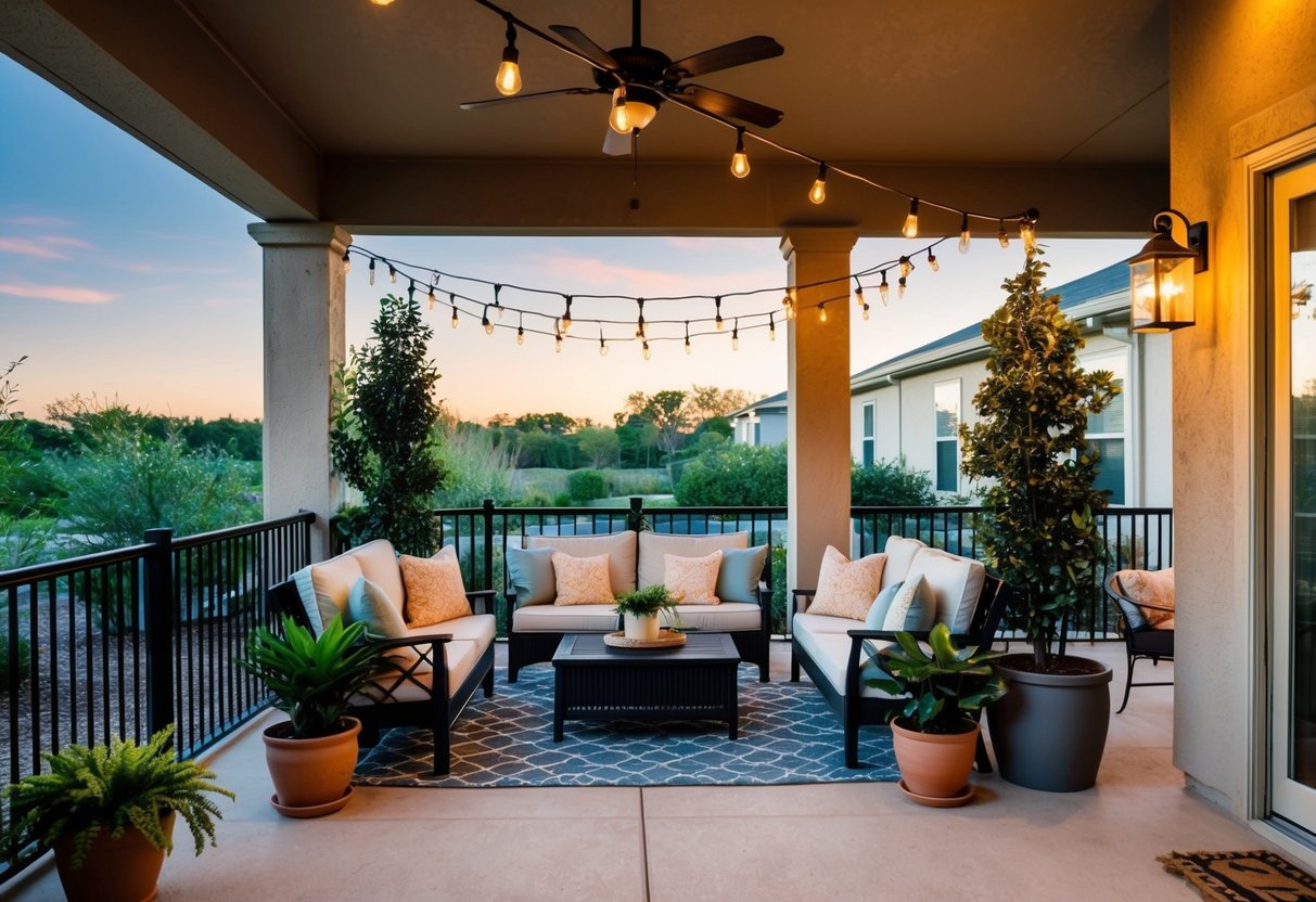 A covered interior patio space with potted plants, cozy seating, and hanging string lights creating a warm and inviting atmosphere