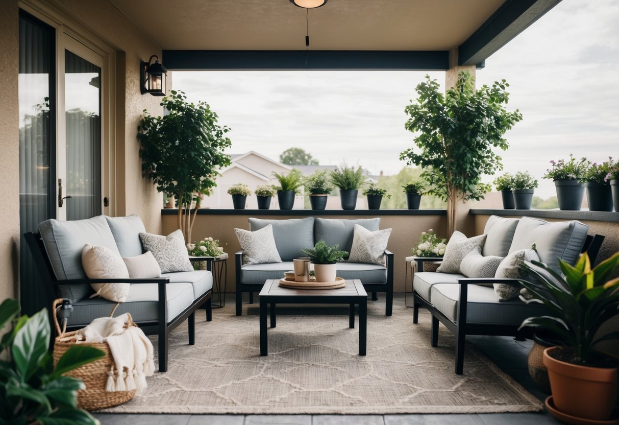 A cozy indoor patio with functional and stylish accessories, such as comfortable seating, potted plants, and soft lighting