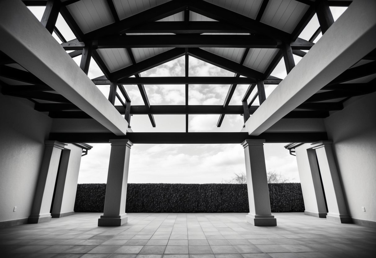 A covered interior patio with structural elements, including beams and columns, surrounded by walls and open to the sky above