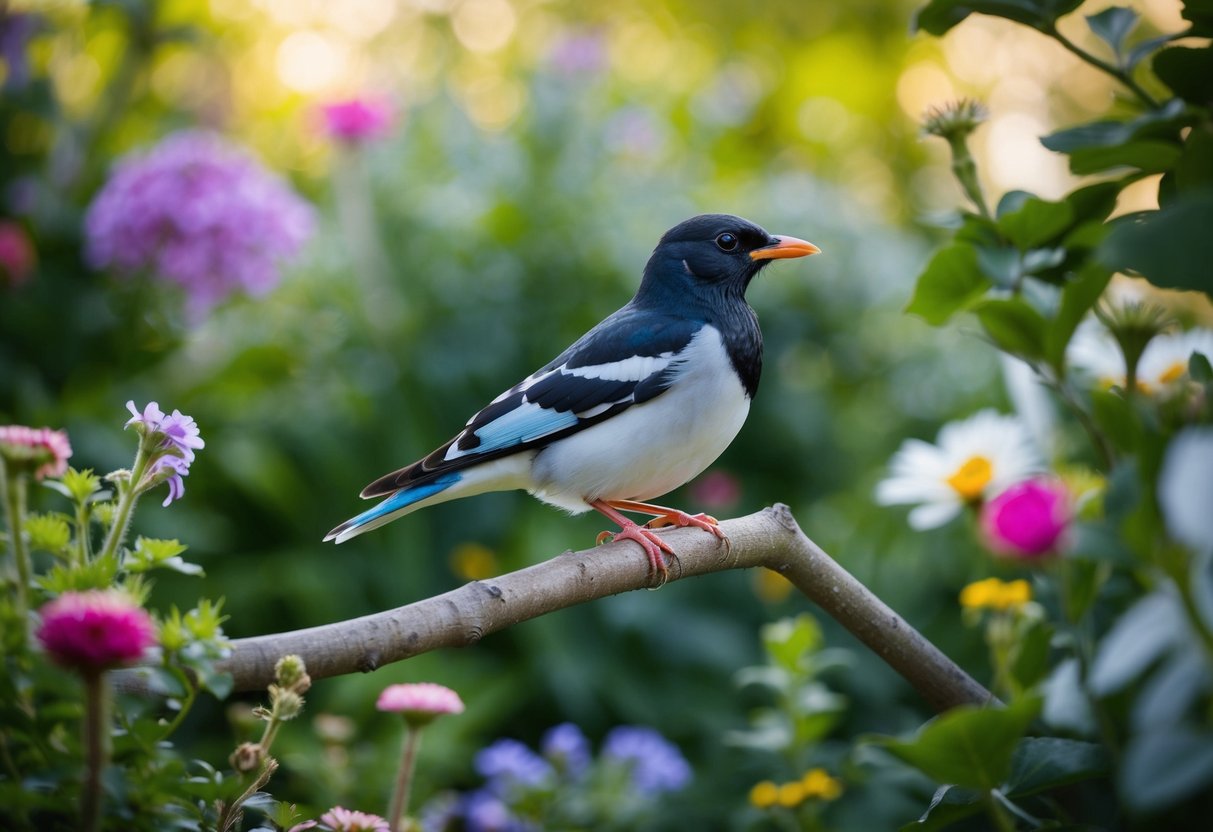 An illustration of a garden with an identifiable starling perched on a tree branch, surrounded by various plants and flowers