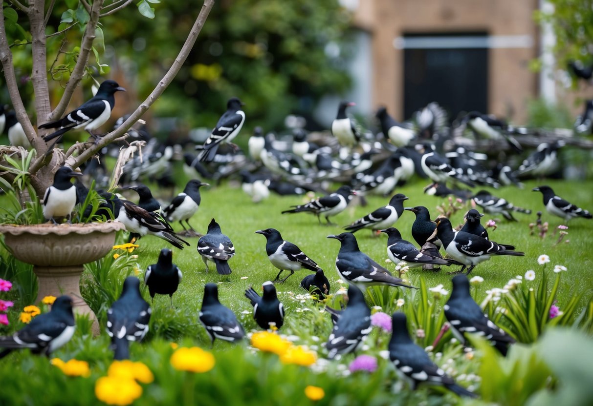 A flock of starlings congregates in an urban garden, perching on trees and foraging for food among the plants and flowers