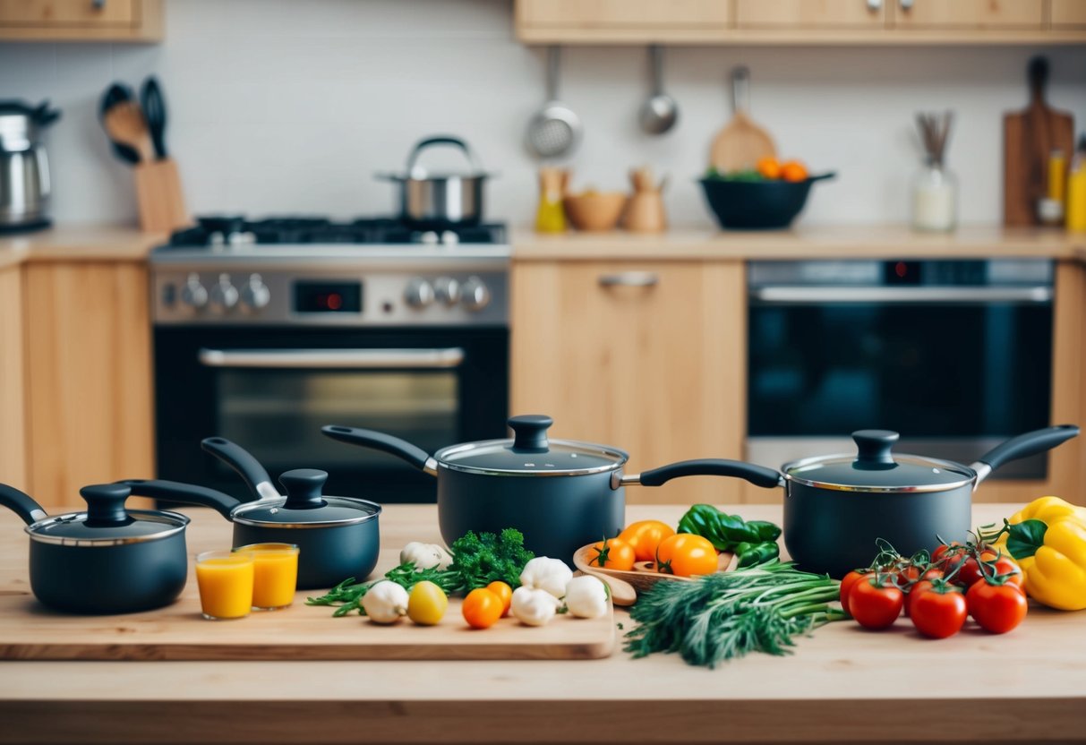 A kitchen scene with pots, pans, utensils, and fresh ingredients laid out on a clean countertop. A stove and oven are visible in the background