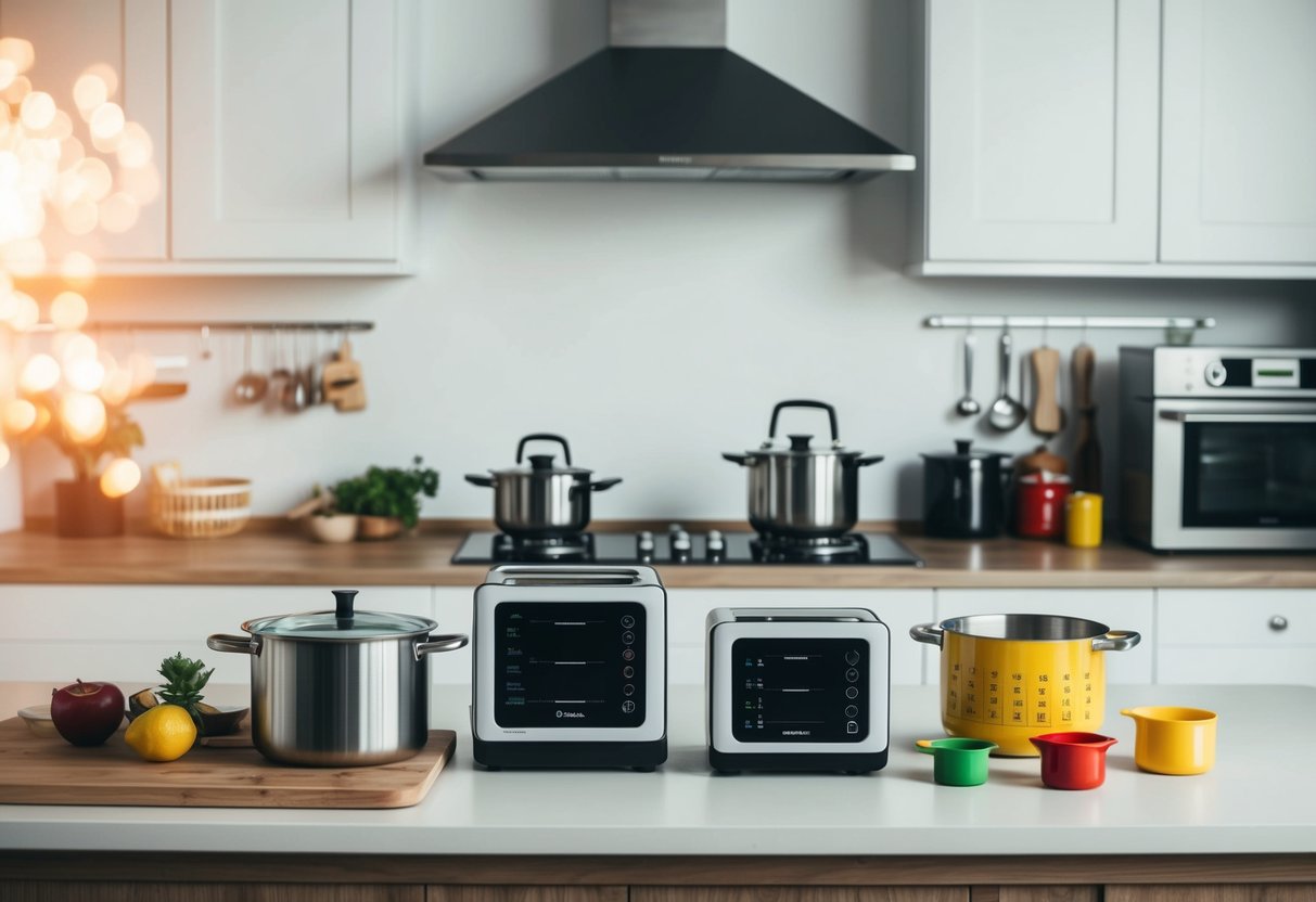 A kitchen with various appliances and measuring units in use