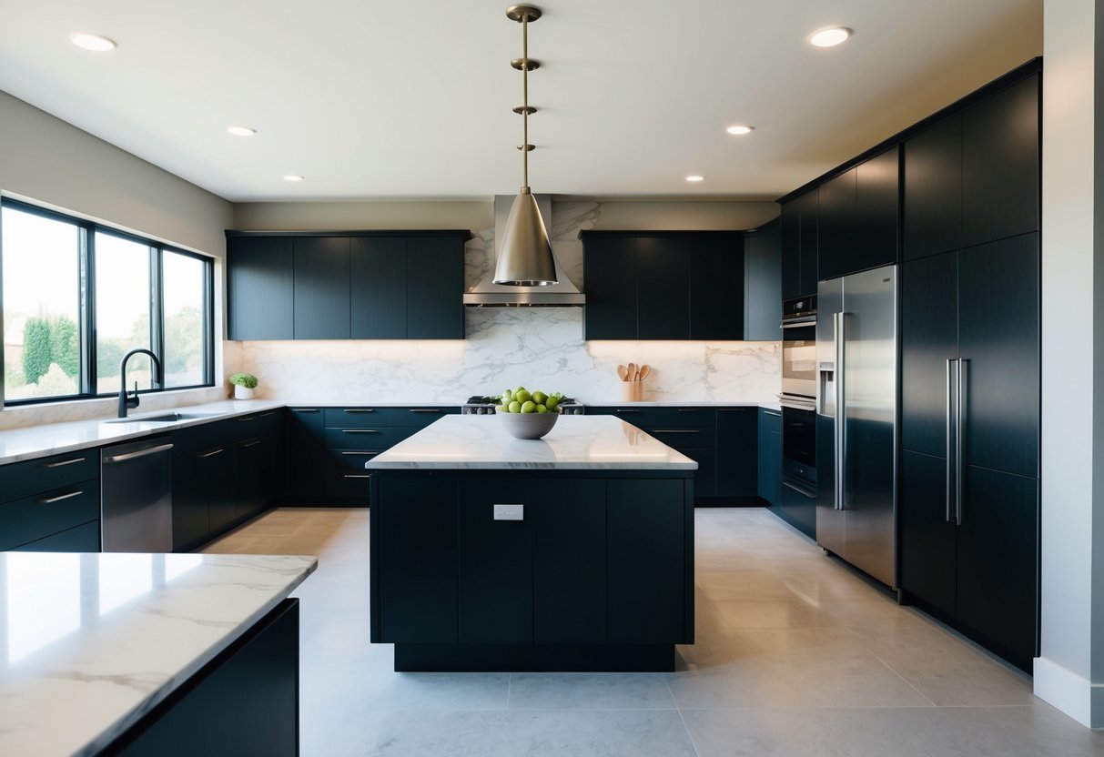 A modern G-shaped kitchen with sleek cabinetry, stainless steel appliances, and a large central island with a marble countertop