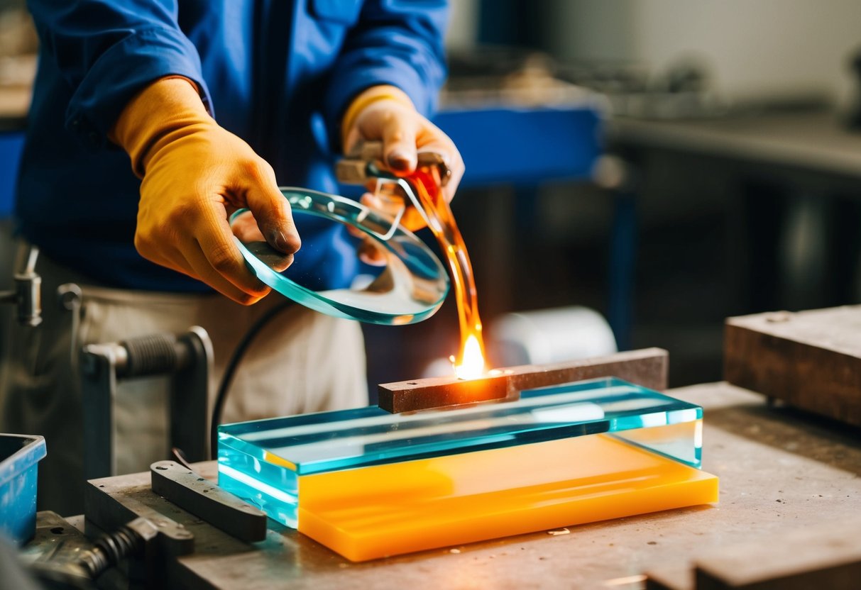 A technician melting and shaping acrylic glass in a workshop