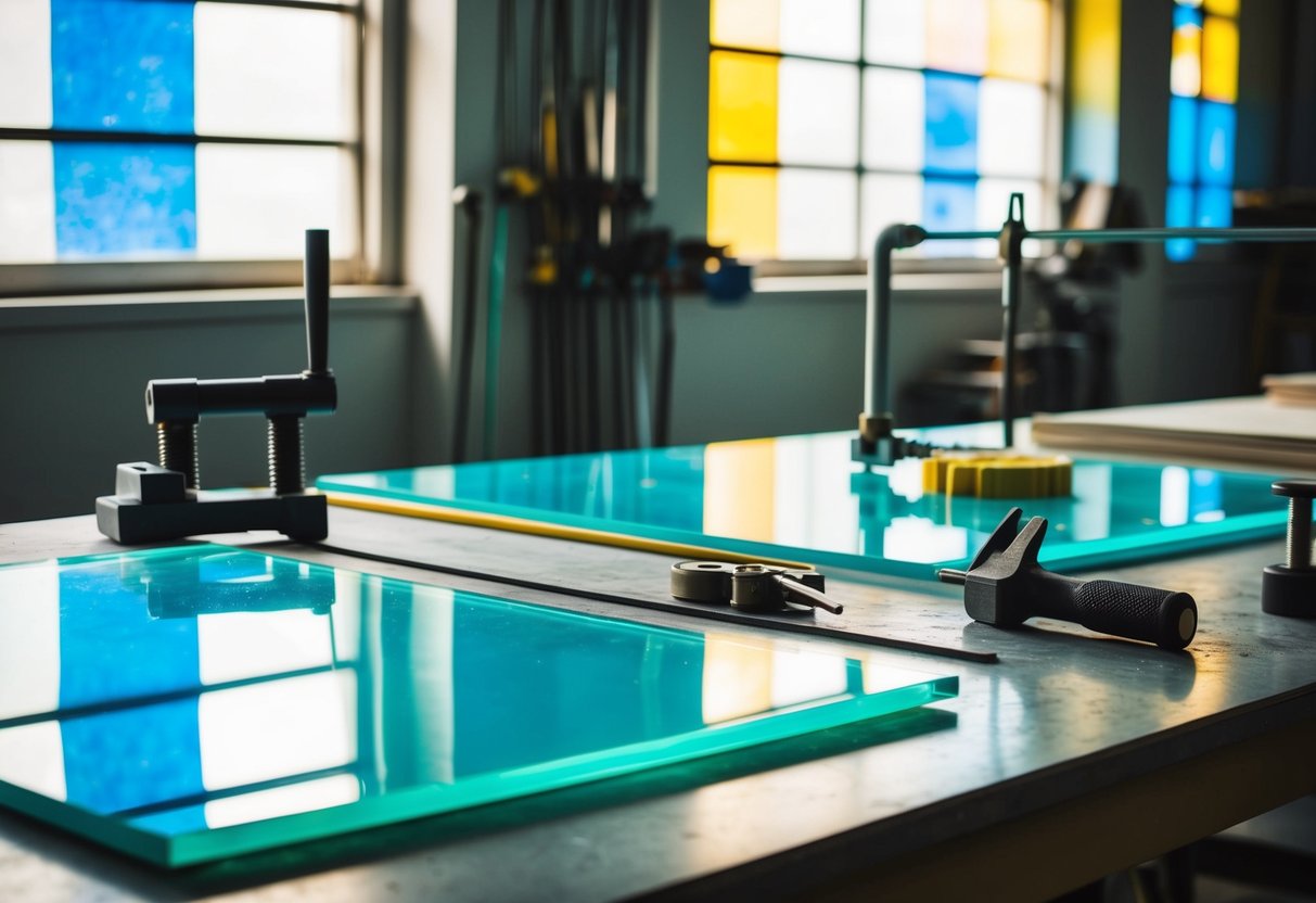 A workshop with tools and sheets of acrylic glass. Light filters through the windows, casting colorful reflections on the surfaces