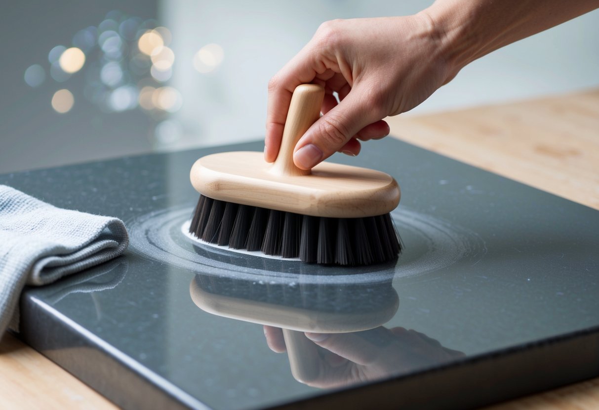 A hand holding a brush, scrubbing a smooth, dark stone surface with gentle, circular motions. A damp cloth sits nearby