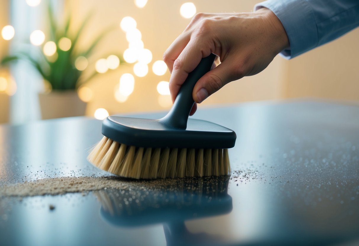 A hand holding a brush sweeps over a smooth, dark stone surface, removing dust and debris in a daily cleaning routine