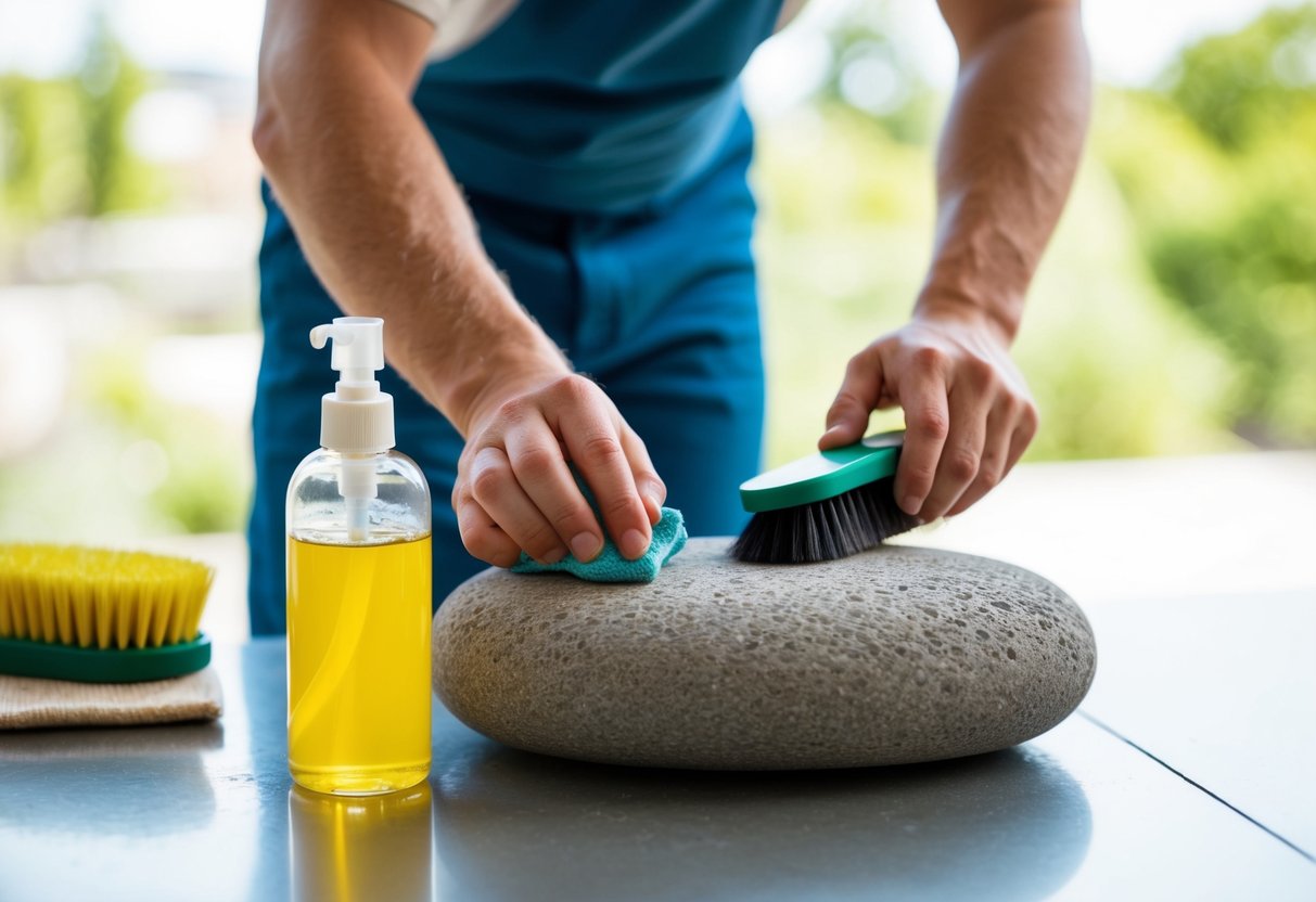 A person carefully cleaning and maintaining a long-term ollaire stone with a brush and cleaning solution