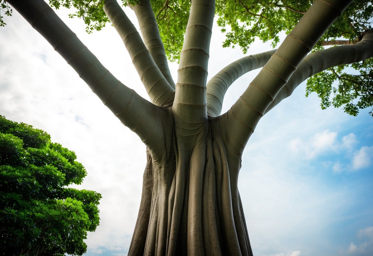 A rubber tree standing tall, with thick, sturdy trunk and branches reaching towards the sky. The wood is dense and durable, with a smooth, polished surface