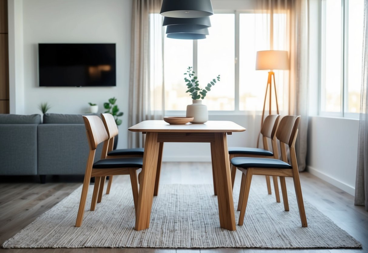 A sturdy hevea wood table and chair set in a modern living room, with natural light streaming in through the windows