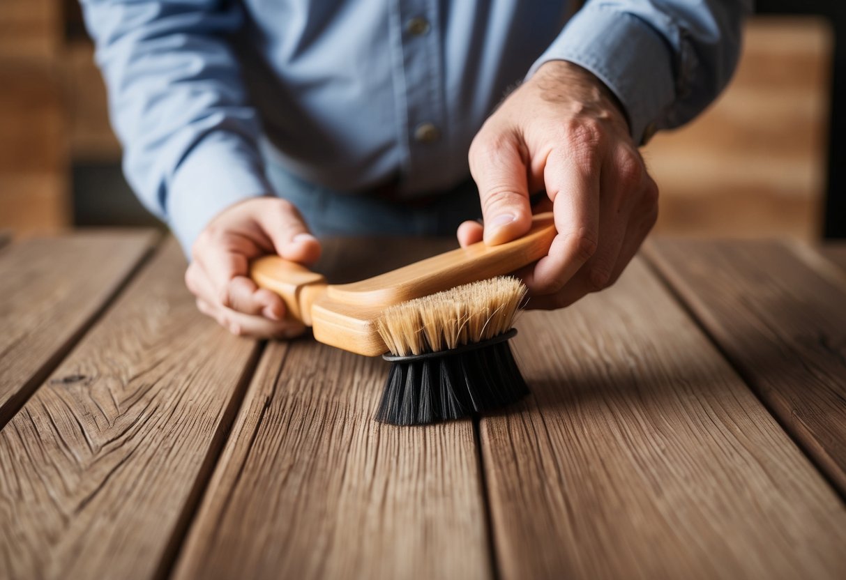 A hand holding a brush applies protective treatment to a sturdy hevea wood surface, emphasizing its durability and resistance to wear and tear