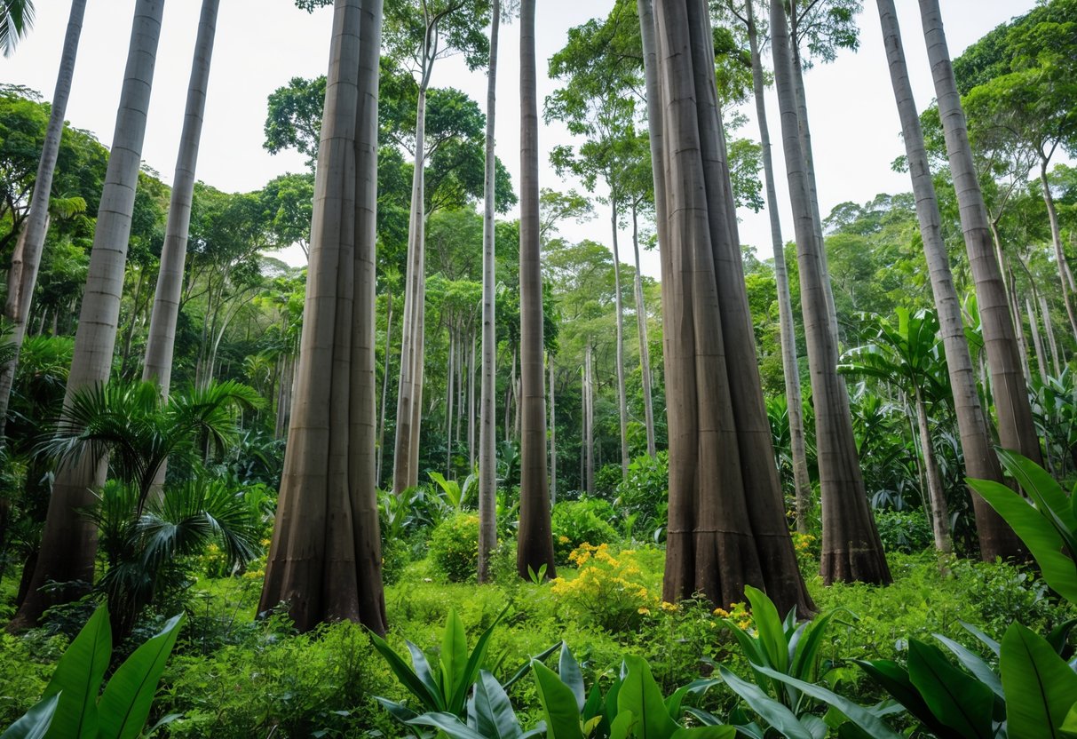 A lush forest with tall, sturdy rubber trees standing amidst diverse flora, showcasing the environmental sustainability and social responsibility of hevea wood