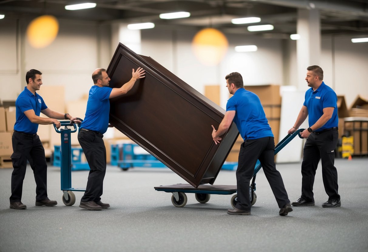 A heavy piece of furniture is being lifted onto a dolly. Two people are bracing the item while a third person maneuvers the dolly to transport it