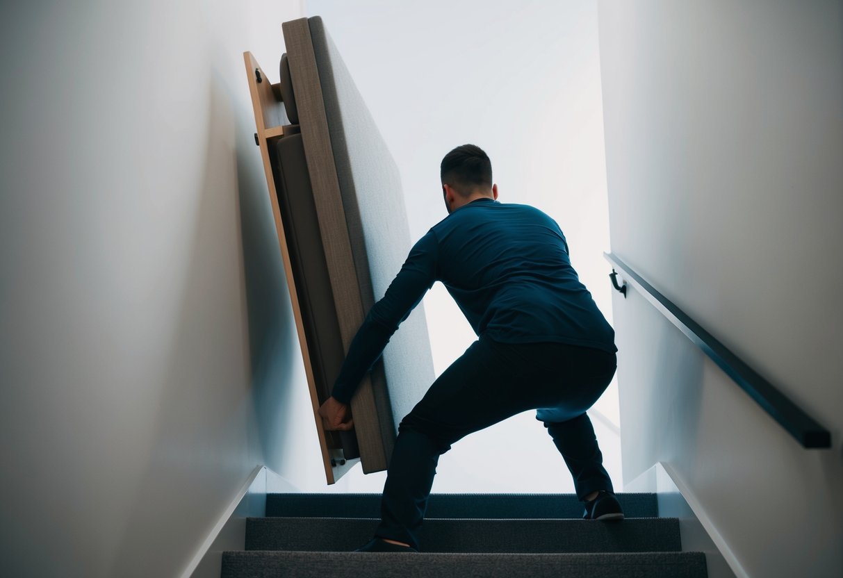 A person navigates tight corners and stairs, then moves a heavy piece of furniture using proper lifting techniques