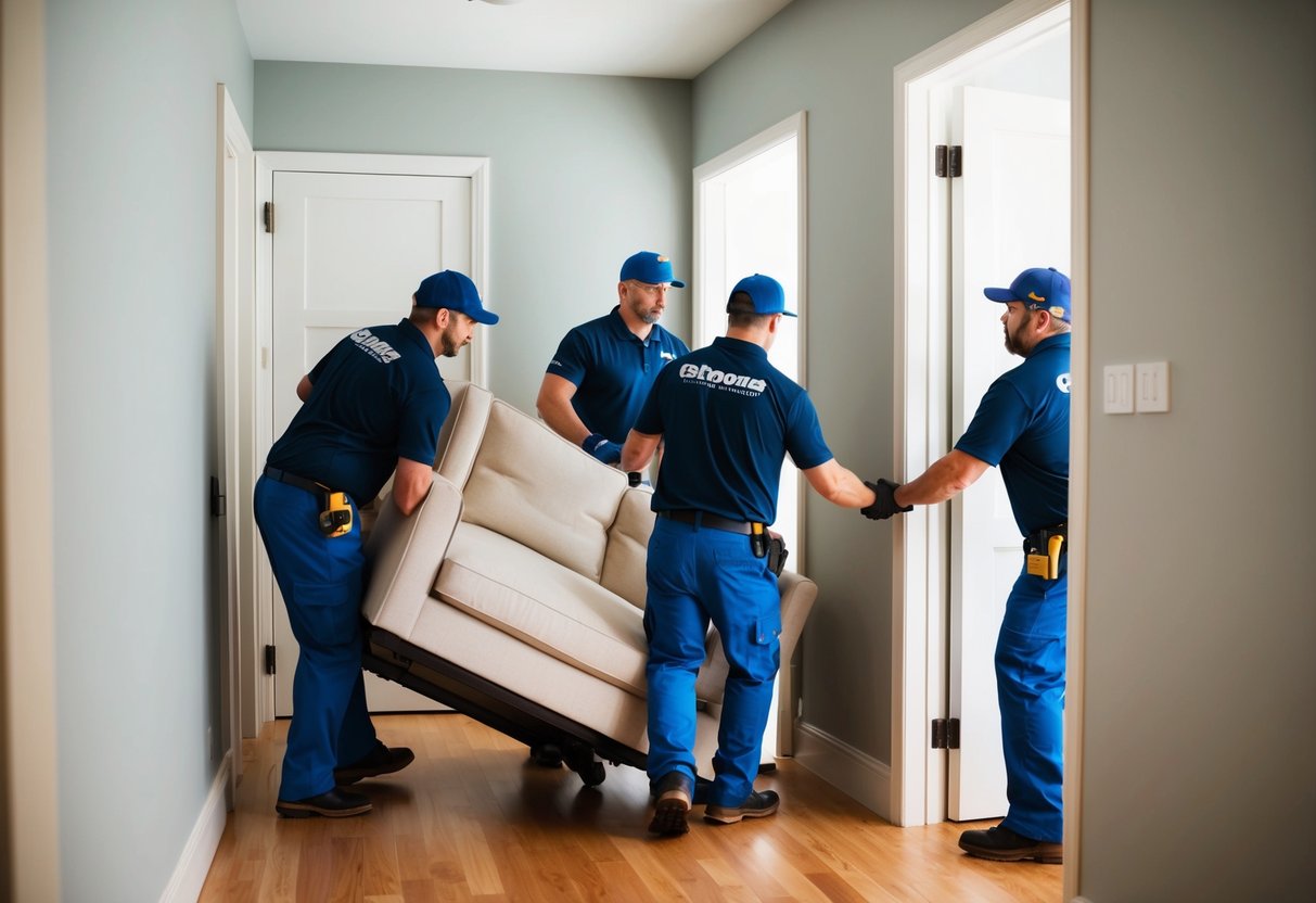 A professional team carefully maneuvers a heavy piece of furniture through a narrow doorway using specialized equipment and techniques